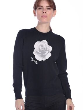 Minnie Rose Black Crewneck Sweater with White Rose Motif